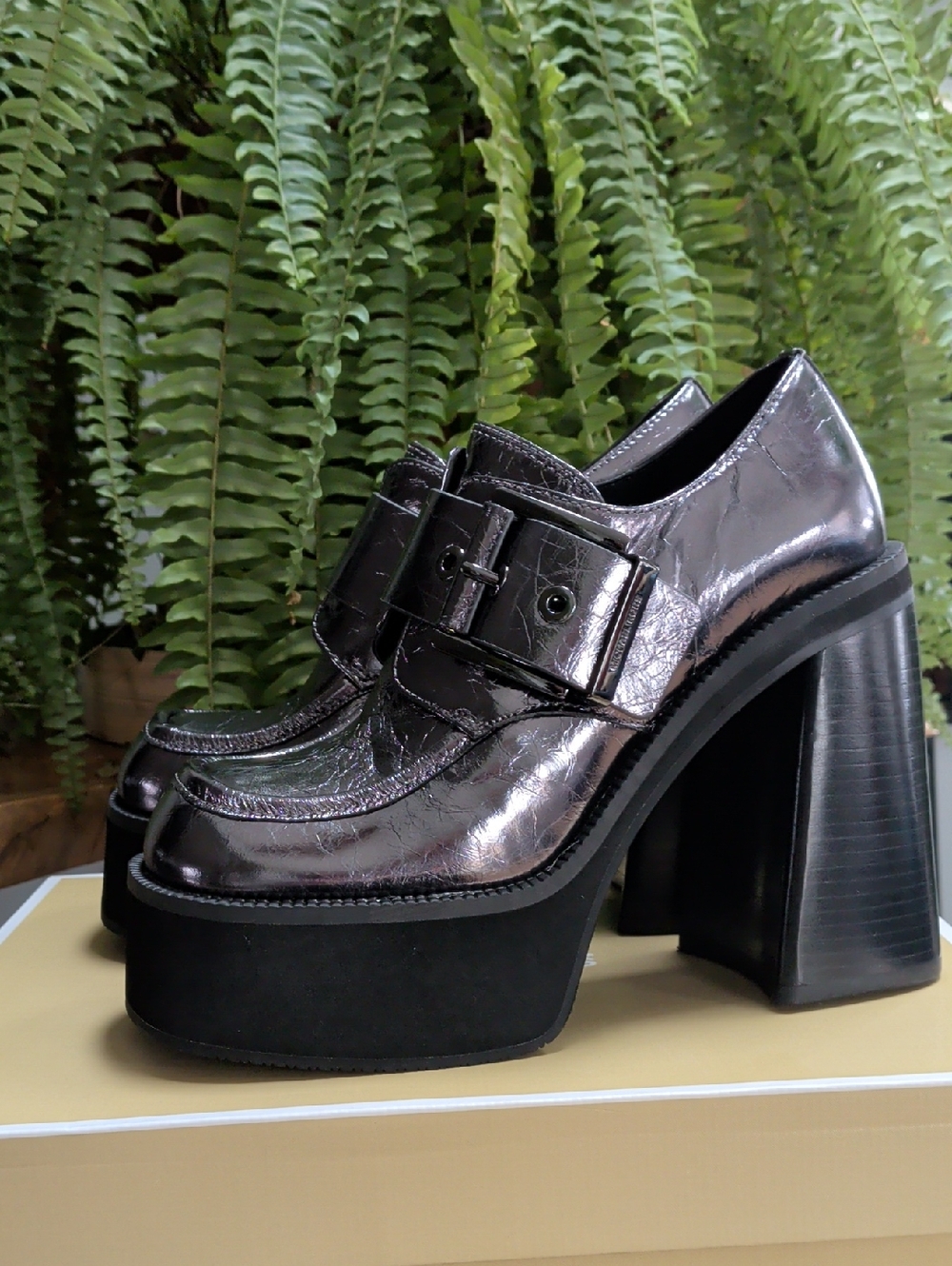 Michael Kors Colby Crackled Metallic Leather Platform Loafers with Buckle Accent